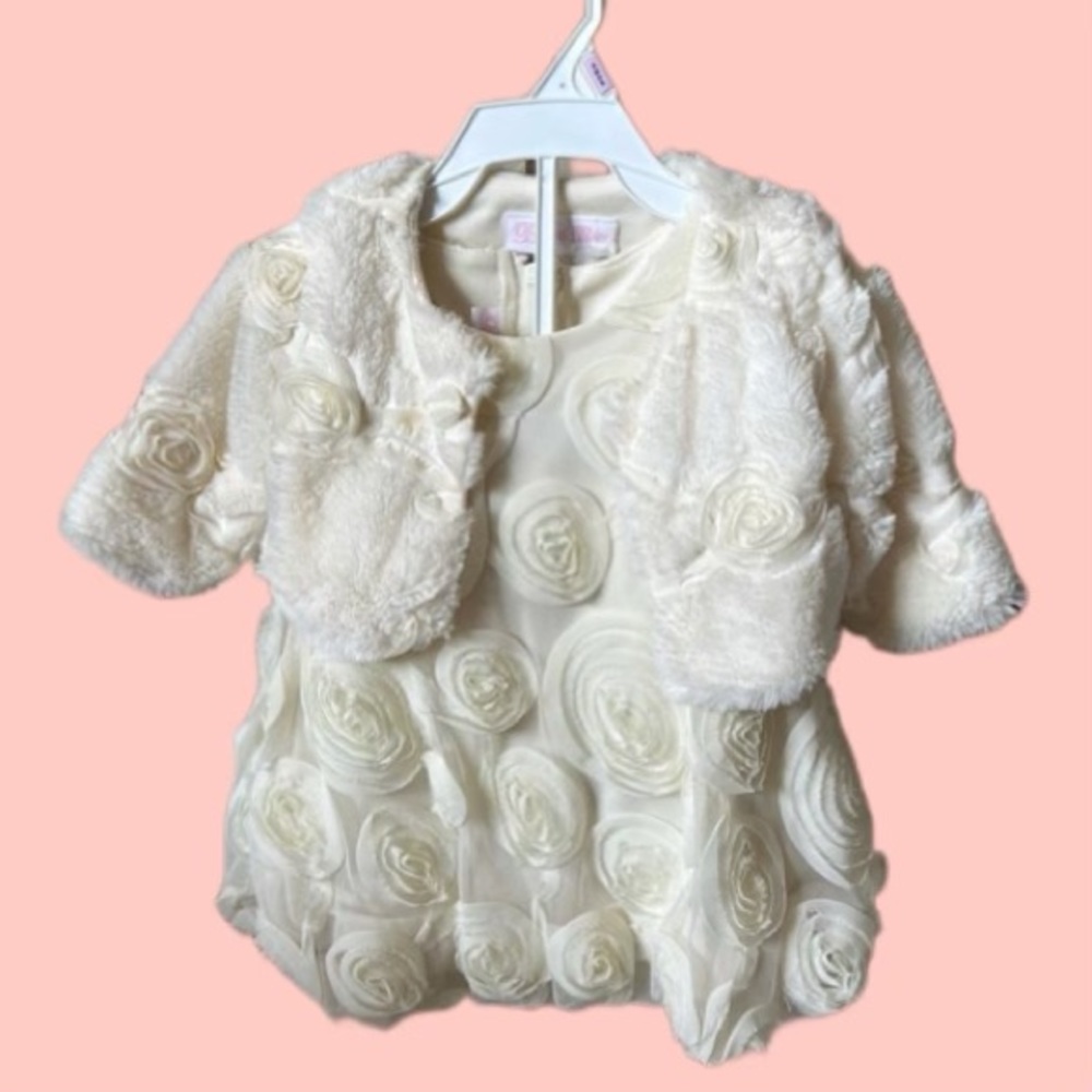 Off-white floral dress w/ cardigan and bloomer - 12 mo